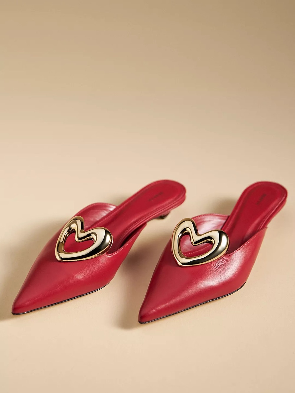 Anthropologie Maeve Coquette Romantic Gold Heart Red Leather Mule Heels 40